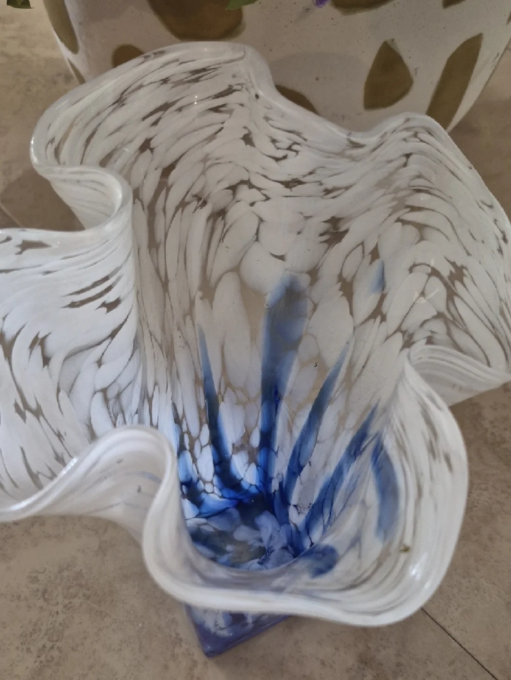 Neiman Marcus White and Blue Swirled Art Glass Vase